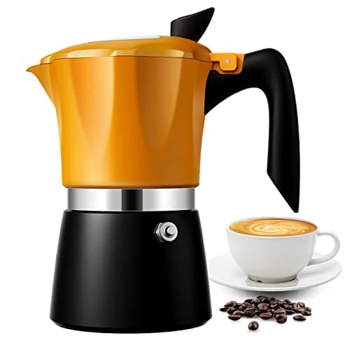 Image of TWOMEOW Stovetop Coffee Maker Espresso Italian Moka Pot with Transparent Top Lid, 300ml-6 Espresso Cups, Classic Aluminium Coffee Percolator, Orange/Black