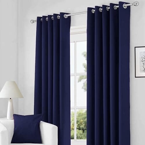 Image of RayyanLinen Readymade Blackout Thermal Eyelet Ring Top Pair of Curtains Including 2 free Tiebacks (NAVY BLUE, Width 66" x Drop 90")