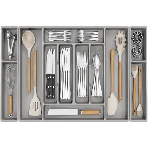 Image of Lifewit Cutlery Drawer Organiser, Cutlery Tray Insert for Kitchen, Plastic Utensil Silverware Holder for Spoons, Forks and Knives, 12 Compartments, 82 x42x5cm