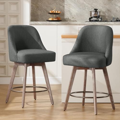 Image of Bekrvio Counter Height Bar Stools Set of 2, Mid-Century Modern Swivel Barstools with Back and Wood Legs, Linen Fabric Upholstered Chairs 65CM Seat Height Counter Stools (Linen Gray, 2PCS)