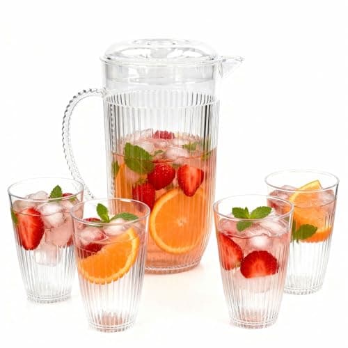 Image of Taylor & Brown 2L Clear Plastic Pitcher with Lid, Water Juice Jug for Fridge, BPA-Free with 4 Cups Set for Iced Tea, Lemonade, Cocktails, Cold Beverage Carafe - Flute Design