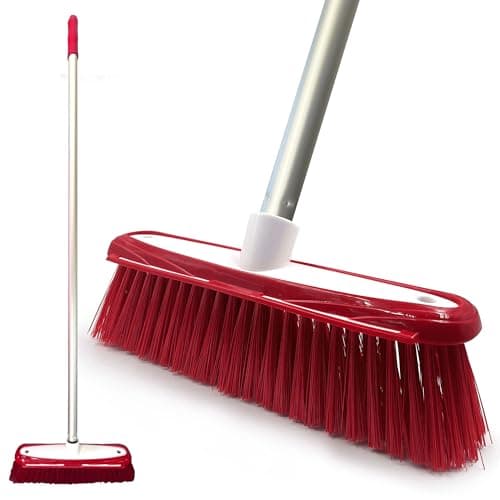 Image of Colour-Coded Soft Broom Indoor Sweeping Broom with Stainless Steel Handle and Built-In Scraper, Sweeping Brush Indoor with Long Handle for Domestic and Commercial Use (Red)