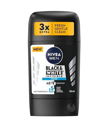 Image of NIVEA Men stick invisible black and white fresh 48-hour protection antiperspirant soft texture, smooth application, special patented technology, pack of 2, 2 x 50 ml