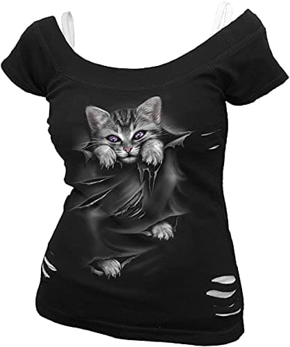 Image of Spiral Direct Women's Bright Eyes - 2In1 White Ripped Top Black Regular Fit T - Shirt, Black (Black & White 008), 20 (Manufacturer Size:XL)