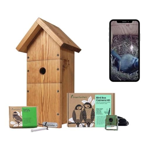 Image of Green Feathers WiFi Birdbox Camera & Bird Box, 1080p HD Smart Camera with Recording and Night Vision, Wildlife Viewing on Phone - Starter Pack