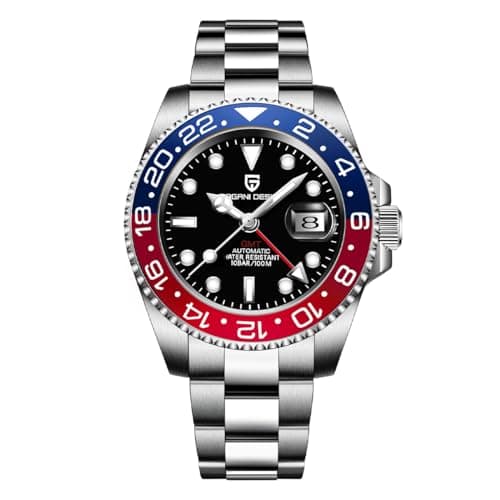 Image of PAGRNE DESIGN GMT Automatic Mechanical Men's Watch Rotating Ceramic Bezel Stainless Steel Watch with Date Function Men's Sport (Steel Belt Blue Red-3)