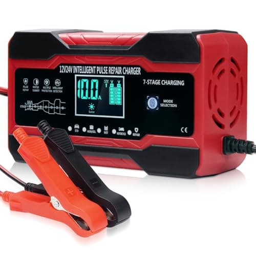 Image of 10-Amp Car Battery Charger, 12V/24V Smart Fully Automatic Battery Maintainer Charger with 7-Stage Charging and LCD Screen, Pulse Repair for Lead Acid, AGM, GEL, SLA, WET Batteries