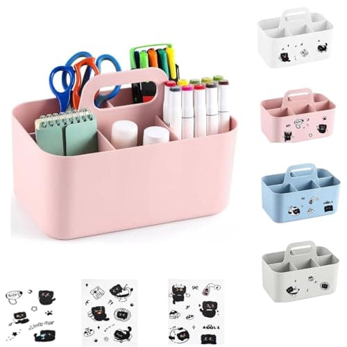 Image of Bailtouk Caddy Organizer with Handle, 5 Slots Multipurpose Storage Organiser, Stackable Cleaning Caddy with 3 Cat Stickers Pen Art Makeup Organiser for Bathroom, Office, Crafts (Pink, 25×15.4×17cm)