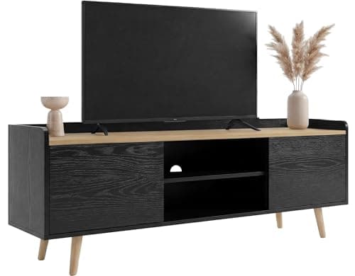Image of Blisswood 140cm TV Stand Cabinet for up to 43–65 Inch TVs, Modern TV Unit with Storage & Open Shelf, Wooden Legs Entertainment Console Table for Living Room & Bedroom (Black & Oak)