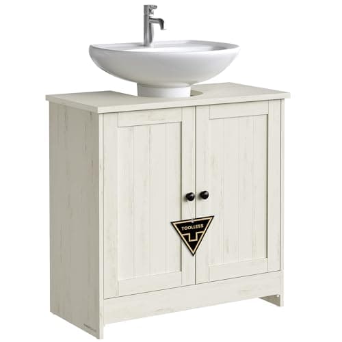 Image of SONGMICS HOME Bathroom Under Sink Cabinet, Superfast Toolless Assembly, Floor Standing Storage Cupboard Basin Unit, Adjustable Shelf, for Washbasins with/without Pedestal, Rustic White BBC223WJ01