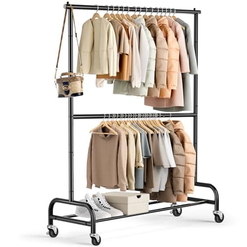 Image of MISSLO Double Clothes Rail on Wheels, Heavy Duty Clothing Racks for Hanging Clothes Rack 2 Tier Garment Rack Rolling Coat Rail, Free Standing, Metal, 197 cm Height Adjustable, Black