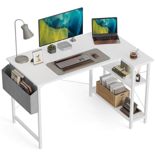 Image of CubiCubi L Shaped Corner Desk, 120x70 cm Computer Desk with Storage Bag, Small Writing Table with Large Reversible Storage Shelves, Workstation for Study Play Work Home Office, White
