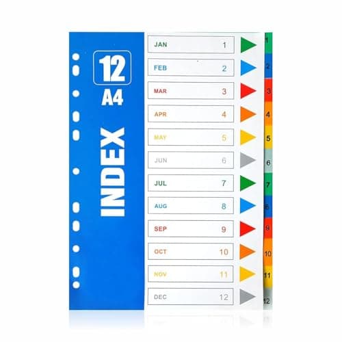 Image of A4 Monthly File Dividers Jan to Dec – 12 Part Numbered Index Dividers for Ring Binders and Lever Arch Files A4 Month Tabs Folder Dividers 1–12 for Office, School and Home Filing