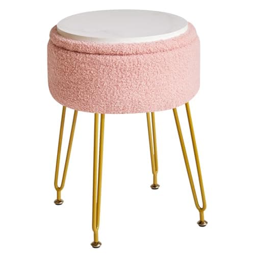 Image of IBUYKE Teddy Velvet Storage Footrest Stool Ottoman, Makeup Vanity Stool Side Table with Removable Cover, Golden Steel Legs, Coffee Table Top Cover, Pink WBD010P