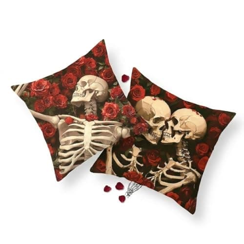 Image of PRK 14 2 pcs Halloween Skulls Skeleton Love Romantic Cushion Covers Gothic Pillow Throws Monsters for Livingroom Bedroom Couples Sofa Horror Scary Pillowcase Set 45 x 45cm