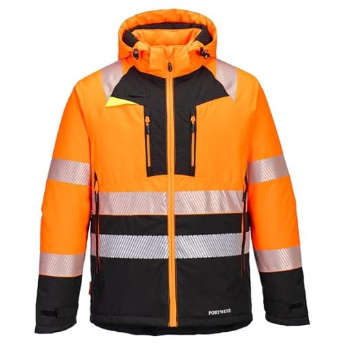 Image of Portwest DX430 Men's Winter Jacket Insulated Waterproof Hi Vis Hooded Work Coat Reflective Fully Lined Padded Zip Safety Utility Reflective Workwear Orange/Black, Small