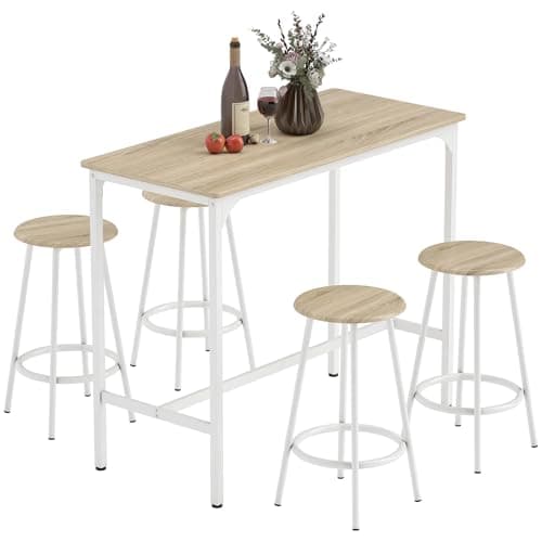 Image of HOMCOM 5 Piece Bar Table Set, Industrial Dining Table Set for 4 with Stools, Metal Frame, Footrest for Kitchen, Living Room, Small Space, Natural Wood
