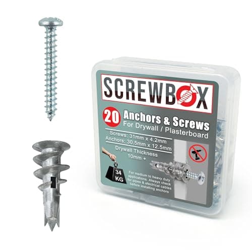 Image of SCREWBOX® Plasterboard Fixings – 20pcs Heavy Duty Drywall Anchors & Screws, Metal Self Drilling Wall Plugs for Strong Grip