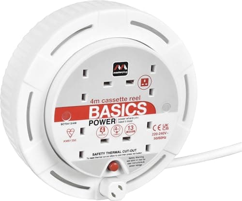 Image of Masterplug Four Socket, 4 Metre Cassette Reel, Small Extension Lead Cable Reel, Wind-Up Retractable Power Cord Reel, Thermal Cut Out, Basic Power, White, 13A, 4G, 4m, SCT0413/4W