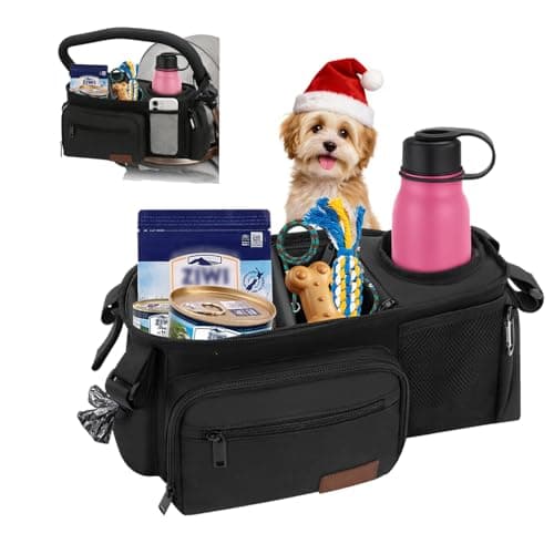 Image of Dog Stroller Organiser Bag, Pet Stroller Caddy with Poop Bag Dispenser, Treat Pocket & Insulated Cup Holder, Adjustable Dividers for Dog Essentials, Fits 14–19 in Handles, Gift for Pet Lovers, Black