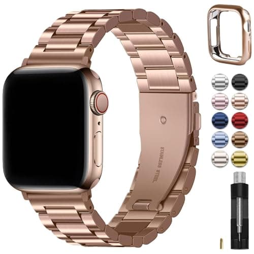 Image of Fullmosa Compatible with Apple Watch Straps 40mm 41mm 38mm 42mm(Series 11/10), Metal Stainless Steel Replacement Bands for iWatch SE 3 2 1/Series 11/10/9/8/7/6/5/4/3/2/1, Rose Gold & Protective Case