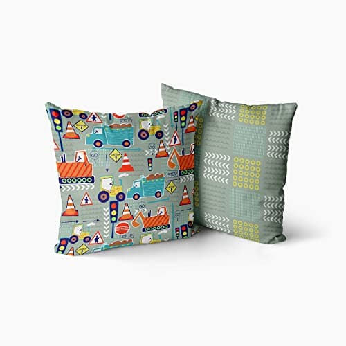 Image of Happy Linen Company Girls Boys Kids Big Digger Trucks Grey Square 43cm x 43cm Reversible Cushion Covers