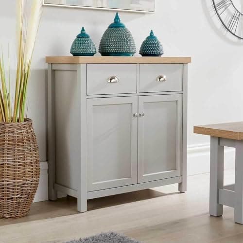 Image of Home Source 2 Door 2 Drawer Sideboard Storage Cupboard with Shelf and Metal Handles, Oak Effect, Grey