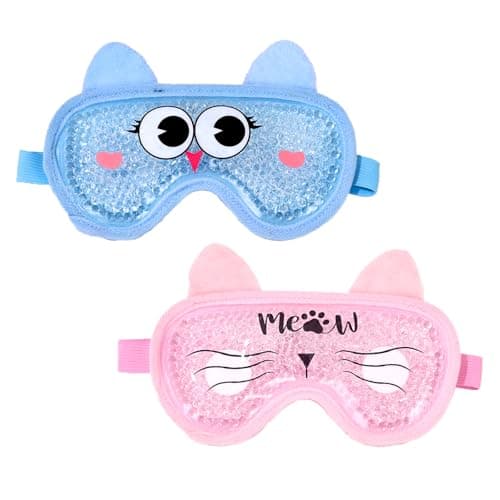 Image of 2 Pcs Cooling Eye Mask, Cooling eye mask for Puffy Eyes, Gel Reusable Hot Cold Therapy for Migraine, Headache, Dark Circles, Dry Eyes, Swollen - Blue Owl And Pink Cat