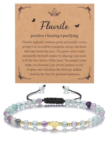 Image of CrystalTears Fluorite Crystal Bracelet for Women 4mm Healing Gemstone Beaded Bracelet with Gold Heart Charm Stone Bracelet Jewellry Gifts for Women Girlfriend Mum Birthday Valentine’s Day
