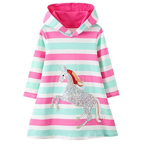 Image of Baogaier Hooded Dress Kids Girls Stripes Horses Hoodies Sweatshirt Long Sleeves Jumper Cotton Sequins Glitter Spring Autumn Winter Causal Hoody Dresses Tops Sweater Pullover Outfits Age Size 6-7 Years