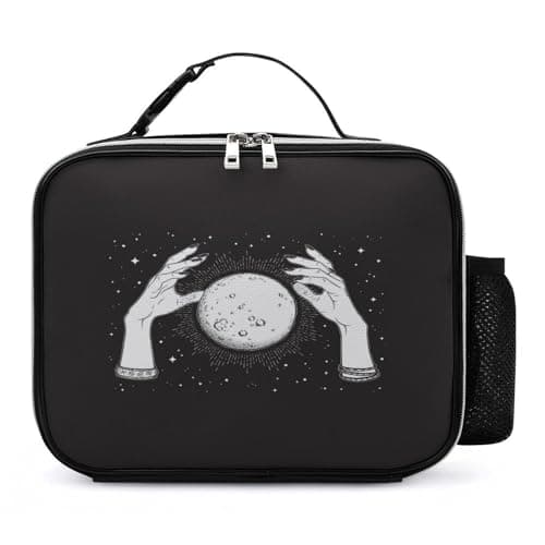 Image of Donnapink Leather Lunch Meal Bag with Buckled Handle, Lunchbox Bag Thermal Insulated Cooler Leakproof Picnic 10.6x3.5x8.3 in Print Black White Full Moon with Rays in The Hands of Fortune Teller