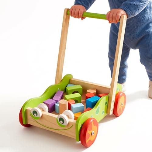 Image of The Magic Toy Shop Wooden Baby Walker with 20 Colourful Blocks - Traditional Push Along Early Development & Activity Toy - Push Cart for Toddlers, Boys & Girls Ages 12 Months+