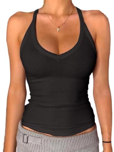 Image of TrendiMax Women's V Neck Racer Back Tank Top Ribbed Knit Fitted Summer Vest Tank Black