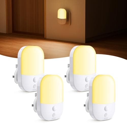 Image of 4 Pack Night Light Plug in Wall with Dusk to Dawn Photocell Sensor, 5 Brightness Levels, ON/Off/AUTO Modes, 3000K Warm White, 0.3W, Auto Night Lighting for Baby, Hallways, Stairs, Bedrooms, Kitchens