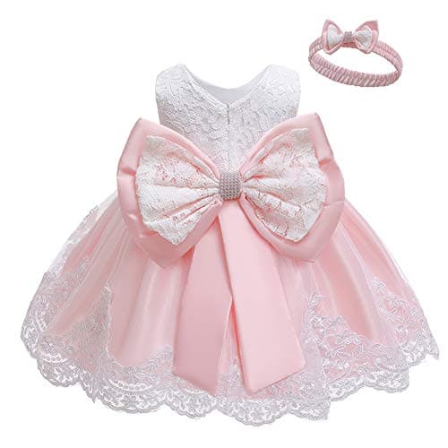 Image of LZH Baby Girls Flower Wedding Dress Toddler Birthday Party Pageant Baptism Christening Tutu Gown Bowknot Dress, Baby Pink