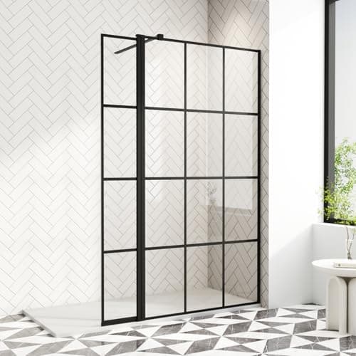 Image of AQUARA 1000mm Shower Screens with 300mm Return Panel, with 8mm Easy Clean Toughened Glass, Black Grid Wet Room Shower Enclosure, Support Bar Includes