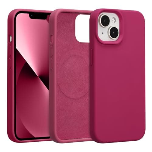 Image of UCASONG Magnetic for iPhone 14 Plus/15 Plus -6.7Inch Liquid Silicone Phone Case, Compatible with MagSafe, Cute Plain Solid Color Slim Case Soft Smooth Matte Shockproof Protective Cover, Rose Red