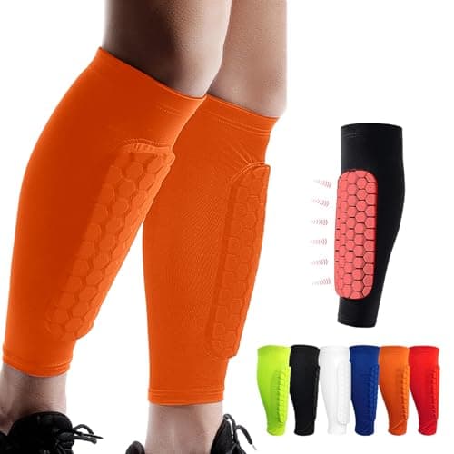 Image of Shindefender Shin Guards Pads, Honeycomb Compression Sleeve Football Shin Guards for Boys, Teenagers and Adults, Soccer Defender Pads with Superior Impact Absorption, Lightweight (Orange, XS)