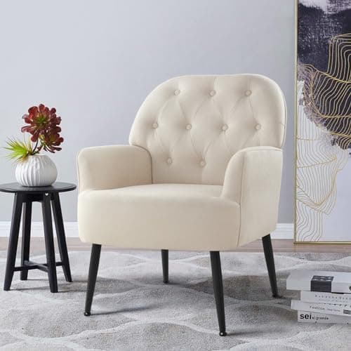 Image of IWMH Armchair for Living Room, Linen Fabric Accent Chair for Bedroom, Occasional Tub Chairs Reading Chair Comfy Big Mid Century, Metal Legs (Beige)