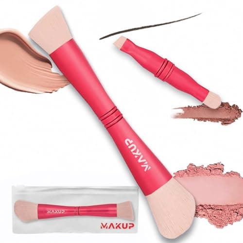 Image of MAKUP JetSetter 4 in 1 Travel Makeup Brush - All in One Set includes Kabuki Liquid Foundation, Blush, Contour, Eyeshadow & Angeled Brush for Brow and Eyeliner. Luxurious, Ultra Soft, Vegan Bristles.