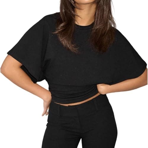 Image of Svuitmsl Womens Wide Short Sleeve Y2k Shirts Grunge Round Neck Cropped Corset Top Cinched Waist Fitted Casual Going Out Top (A-Black, S)