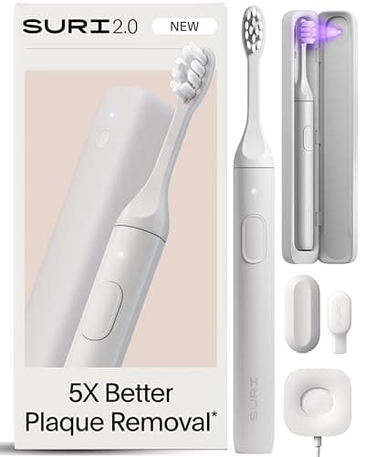 Image of SURI 2.0 NEW Sonic Electric Toothbrush | Pressure Sensor & UV-Cleaning Travel Case | 1 Month+ Battery | Designed in London | Electric Toothbrush for Adults | Travel Toothbrushes | Tooth Brush | White