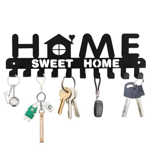 Image of Sweet Home Sign Wall Key Holder - Rustic Wooden Key Hooks with 5 Hooks, Home Entryway Organiser & Decorative Wall Hanging for Keys, Coats, Hats | Easy to Install, Ideal Housewarming Gift (House)