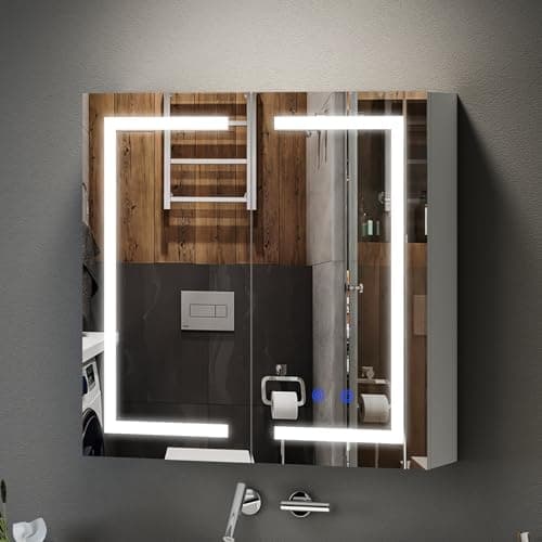 Image of Bathroom Mirror Cabinets with Lights,600x600mm Wall Mounted Bathroom Cabinets with Mirror,LED Mirror Cabinet with Shaver Socket,Anti Fog,3 Colors Light & Adjustable Shelves,Touch Sensor