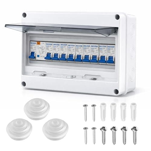 Image of Consumer Unit Circuit Breaker 9 Way: Plastic IP65 Protection Garage Consumer Unit Anti-Leakage Fuse Box for Garages Caravans Workshops 4 x 10 A + 3 x 16 A + 2 x 20A