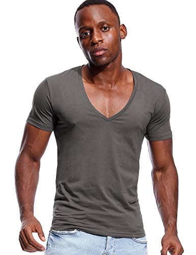 Image of Deep V Neck T Shirt for Men Low Cut Stretch Tee Vee Top Short Sleeve Grey M
