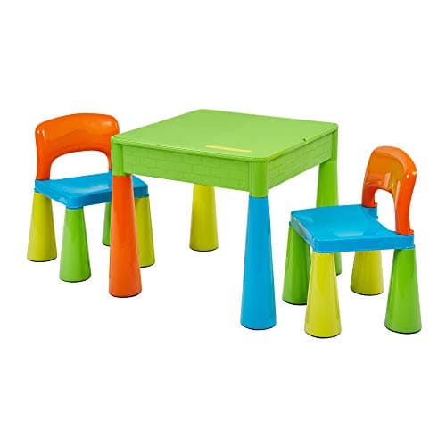 Image of Liberty House Toys Plastic Multi-Coloured Children's 5-in-1 Activity Table and Chairs Set for Construction, Writing, Storage & Sand and Water Play, Ideal Size, H465 x W510 x D530mm
