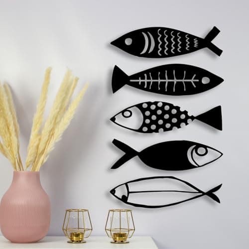 Image of DUOOLN Metal Wall Art Decor,5PCS Fish Family, Iron Modern Marine Iron Minimalist Sculpture Hanging Sign, Rustic Home Decorative Artwork for Indoor Outdoor Kitchen Bathroom Patio Pool Porch-13.7x3.9in
