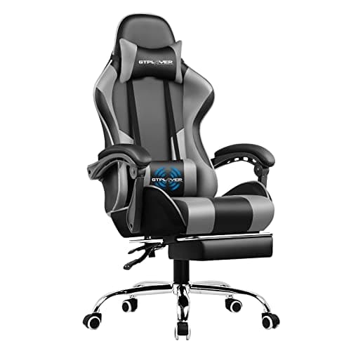 Image of GTPLAYER Gaming Chair, Massage Ergonomic Computer Chair with Footrest, Lumbar Support, Headrest, Height Adjustable Home Office Reclining PC Racing Chairs (Faux Leather, Grey)