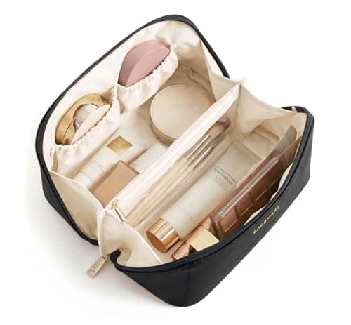 Image of BAGSMART Travel Makeup Bag, Flat Lay Make Up Case, PU Leather Waterpoof Cosmetic Organiser with Clear Pocket for Brushes, Small Toiletry Bag with Handle, Essential for Women, Black